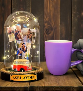 Size Özel Tasarım Led Işıklı Fanus ve Mor Kupa Bardak Hediye Seti (Model 6)