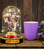 Size Özel Tasarım Led Işıklı Fanus ve Mor Kupa Bardak Hediye Seti (Model 6)