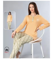 Melodi Kadın Standart Kalıp %100 PAMUK Düğmeli Yaka Uzun Kol Baharlık Pijama Takımı 16166- 1 Adet (Turuncu)