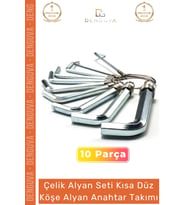 #AlyanTakımı 10 Parça Çelik Set Kısa Düz Yerleştirme Aparatlı Profesyonel Köşe Alyan Anahtar Takımı