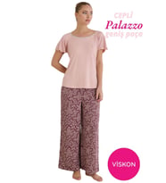 Seamlife Kadın Geniş Dantel Detay Yaka Viskon Kısa Kol Palazzo Dokuma Cepli Alt-Geniş Paça Cepli Homewear (Pudra)