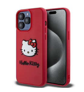 Apple iPhone 15 Pro Uyumlu Kılıf Hello Kitty Orjinal Lisanslı Yazı ve İkonik Logolu 3D Rubber Kitty Head Kapak (Kırmızı)