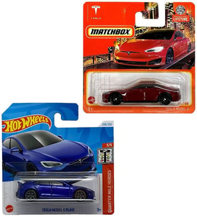 2 Araç Tesla Set - Hot Wheels Tesla Model S Plaid & Matchbox Tesla Model S (1/64)