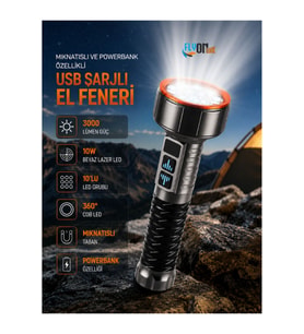 Mıknatıslı Powerbank Özellikli USB Şarjlı El Feneri 3000 Lümen 10W LED Güçlü Işık 360° COB Aydınlatma Kamp Lambası
