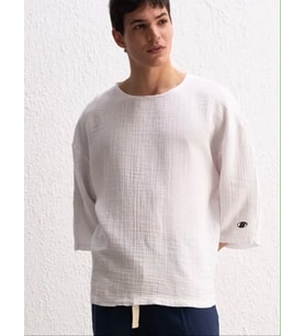 Giesto Fakir Kol Keten T-Shirt-Beyaz