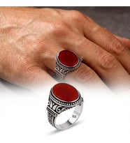 Gümüş Yüzük 925 Ayar Kırmızı Oniks Taşlı