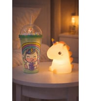 2'Li Set Işıklı Renkli Unicorn Figürlü Gece Lambası & Pipetli Boncuk Detylı Suluk Bardak Yeşil 450ML