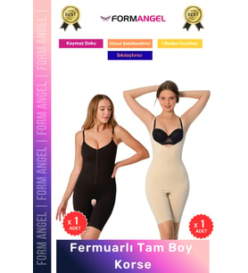 #Korse Vücut Şekillendiren Toparlayıcı Özel Bölgesi Açık Kaymaz Fermuarlı Tam Boy Korse 2'li Set (Siyah-Bej)