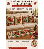 4'lü Nar Desenli Kırlent Kılıfı ve Runner Seti – 43x43 cm Kırlent Kılıfı + 40x140 cm Runner – Polyester Kumaş – Dekoratif Salon & Mutfak Masa Örtüsü Seti