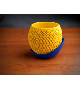 3D Baskı Küre Saksı - Kafes Dokulu İki Parçalı Dekoratif Saksı - Sarı-Mavi