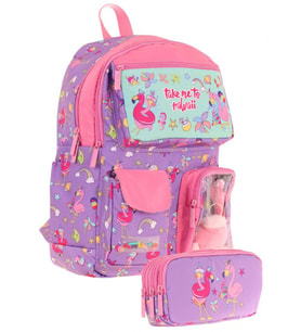 Kaukko Kız Çocuk Beş Bölmeli Okul Çantası ve Üç Bölmeli Kalemlik Seti - Peluş Flamingolu - Mor Pembe (Çok Renkli)