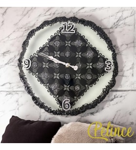 Epoksi Reçine Duvar Saati - Siyah Kare Dantelli Siyah Taşlı - Çapı: 33 cm (Çok Renkli)