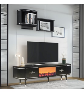 Maya Şömineli Tv Sehpası Siyah Gümüş Şeritli Mebran Kapaklı Oval Tasarım 180x40x50 Cm