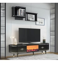 Maya Şömineli Tv Sehpası Siyah Gümüş Şeritli Mebran Kapaklı Oval Tasarım 180x40x50 Cm