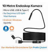 10 Metre Endoskop Kamera Su Geçirmez LED Işıklı Boroskop Yılan Kamera Android Uyumlu Micro+USB+Type-C