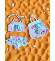 Kız Çocuk karakter Baskılı Eteği Fırfırlı- ip bağlamalı ÇANTA Mayo Bikini 3 lü Takım (Mor-Pembe-Siyah-Beyaz)