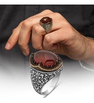 Akik Taşlı Kakma Oyma Motif 925 Gümüş Erkek Yüzük