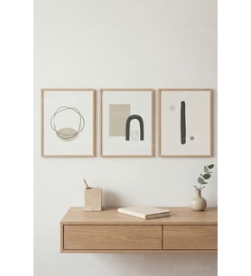 Minimal Soyut Formlar 3’lü Ahşap Çerçeveli Tablo Seti - Modern Japandi Duvar Dekoru