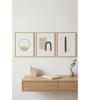 Minimal Soyut Formlar 3’lü Ahşap Çerçeveli Tablo Seti - Modern Japandi Duvar Dekoru