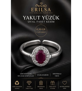 Sertifikalı Doğal Yakut Taşlı Ayarlamalı Geri Dönüşüm Gümüş Kasa Oval Faset Kesim Yüzük 1.50 Karat