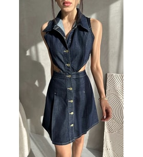 Kadın Yaka Detaylı Cut-Out Mini Denim Elbise