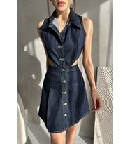 Kadın Yaka Detaylı Cut-Out Mini Denim Elbise
