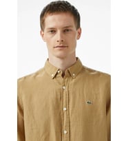 Lacoste Men's Regular Fit Button-Down Collar Linen Shirt Camel Erkek Düğmeli Yaka Keten Gömlek Camel