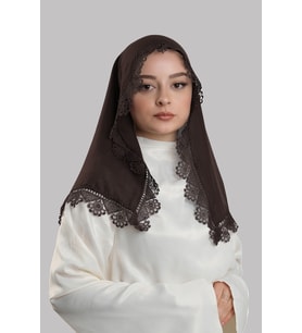 Kahve Namaz Başörtüsü Eşarp Kesik Elyaf Güpürlü 202211_14