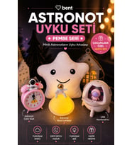Astronot Uyku Seti Çocuk Hediye Seti Yıldız Yastık Astronot Gece Lambası USB Şarjlı Nemlendirici ve Pilli Çalar Saat 4'lü Set Pembe Seri
