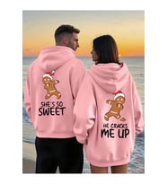 Sevgili Çift Kombin Hoodie – Gingerbread Baskılı Oversize Kapüşonlu Sweatshirt 2’li Set (Pembe)