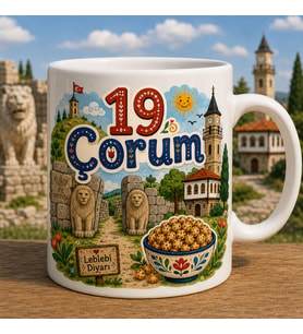 Çorum Temalı Memleket Kupası – 19 Çorum Hattuşa Saat Kulesi ve Leblebi Diyarı Baskılı Seramik Kupa