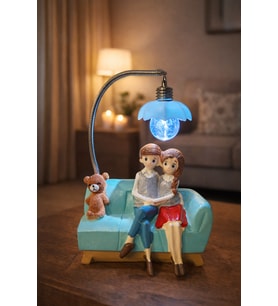 Romantik Çift Figürlü Işıklı Biblo – Genç & Yatak Odası Dekoru - Sevgiliye Hediye, 18 cm Mavi