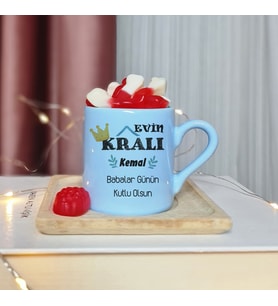Evin Kralı Tasarımlı Kişiye Özel Mavi Türk Kahvesi Fincan