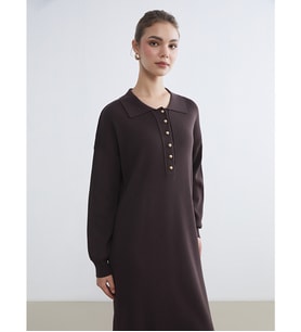 LCW Modest Kahverengi Polo Yaka Triko Elbise