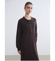LCW Modest Kahverengi Polo Yaka Triko Elbise