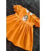 Kedili Kız Şeker Baskılı Turuncu Kız Çocuk Bebek Elbise