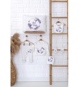 Pia Baby Premium %100 Pamuk İsme Özel Kız Bebek Hediye Seti Zıbın Yastık Kılıfı 5020-06 (Ekru)