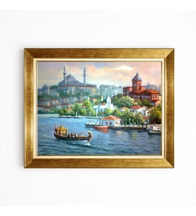 Tablore İstanbul Boğazı Tarihi Saltanat Kayığı Ve Camii Manzaralı Altın Çerçeveli Tablo