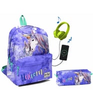 Coral High Üç Bölmeli Ortaokul ve Lise Okul Çantası Seti - Mavi Unicornlar
