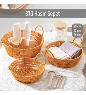 Porsima 304-A Yuvarlak 3'lü Hasır Sepet Dekoratif Ev Düzenleyici Kendinden Kulplu Hasır Sepet Seti Banyo Düzenleyici Sepet
