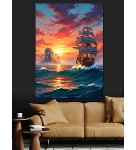 Gün Batımı Dalgalı Deniz Dekoratif Kanvas - Mdf Ahşap Tablo
