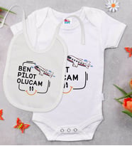 BK Kids Pilot Olucam Tasarımlı Beyaz Bebek Body Zıbın ve Mama Önlüğü Hediye Seti-1