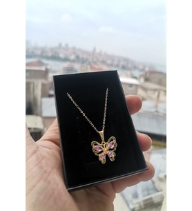 Altın Kaplama Zirkon Taşlı Kelebek Kolye (Pembe)