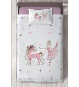 MEKTA HOME BEBEK VE ÇOCUK ODASI Balerin ve Unicorn Kız Desenli Pembe Yatak Örtüsü