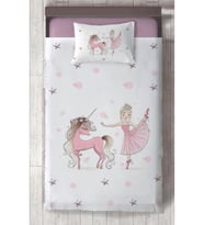MEKTA HOME BEBEK VE ÇOCUK ODASI Balerin ve Unicorn Kız Desenli Pembe Yatak Örtüsü