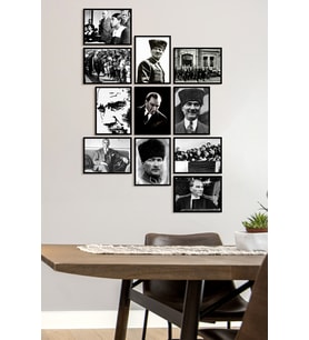 Çerçevesiz Çerçeve Görünümlü Atatürk Fotoğrafları 11 Parça Mdf Tablo Seti Çoklu Baskı Seti Mdf Baskı