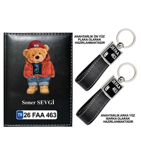 PROMOSYON DENİZİ KİŞİYE ÖZEL AYI TED GÖRSELLİ SİYAH RUHSAT KABI VE ANAHTARLIK