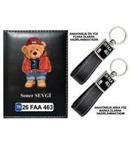 PROMOSYON DENİZİ KİŞİYE ÖZEL AYI TED GÖRSELLİ SİYAH RUHSAT KABI VE ANAHTARLIK