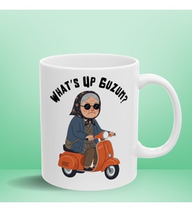 "What's Up Guzum?" Yazılı Porselen Kupa Bardak 330 ml - Motorlu Teyze Baskılı Esprili Ofis Ve Arkadaşa Hediyelik Kupa