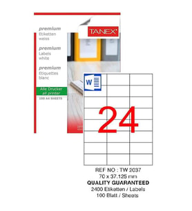 Bilgisayar Etiketi Tw-2037 70x37,125 mm 100 Lü Lazer Etiket 1 Paket Tanex Davetiye Kargo Koli Kutu Etiketi (Beyaz)